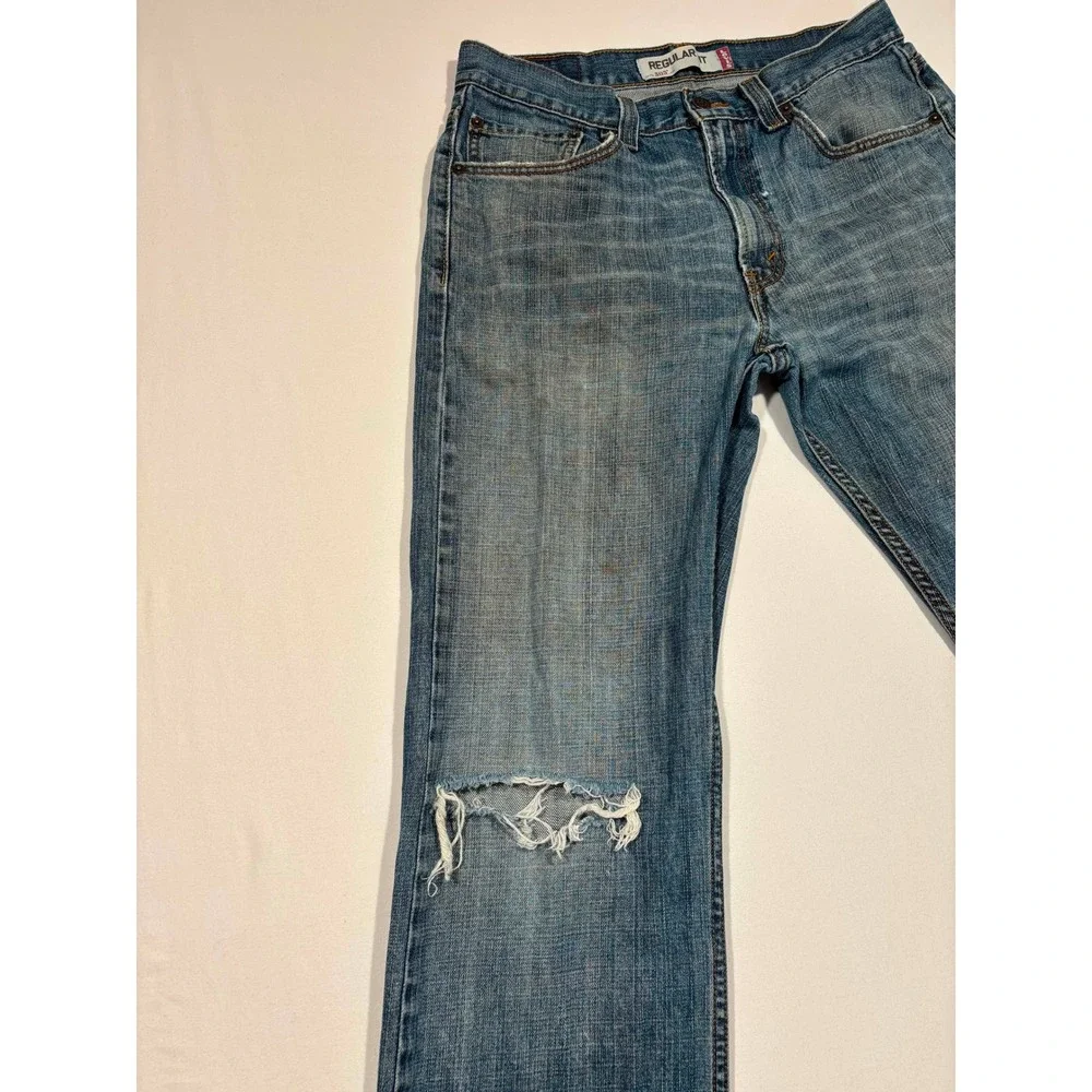 Levis 505 Regular Fit Jeans Mens W32 L32 Medium Wash Distressed Straight Leg